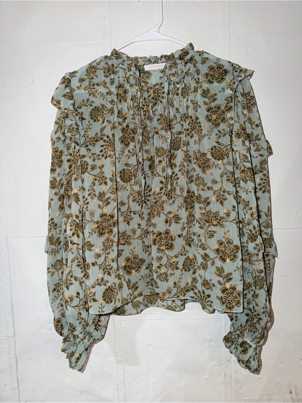 Olivaceous Serenity Sage Green Blouse with Gold Floral Print